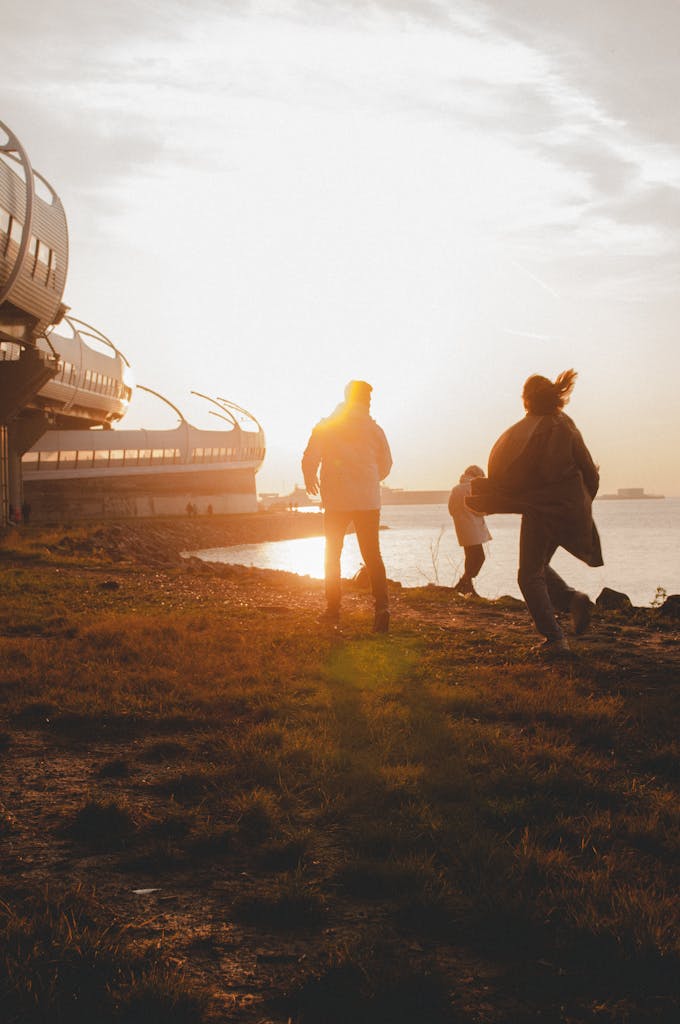 Sepia Toned Image of a Family at Waterfront